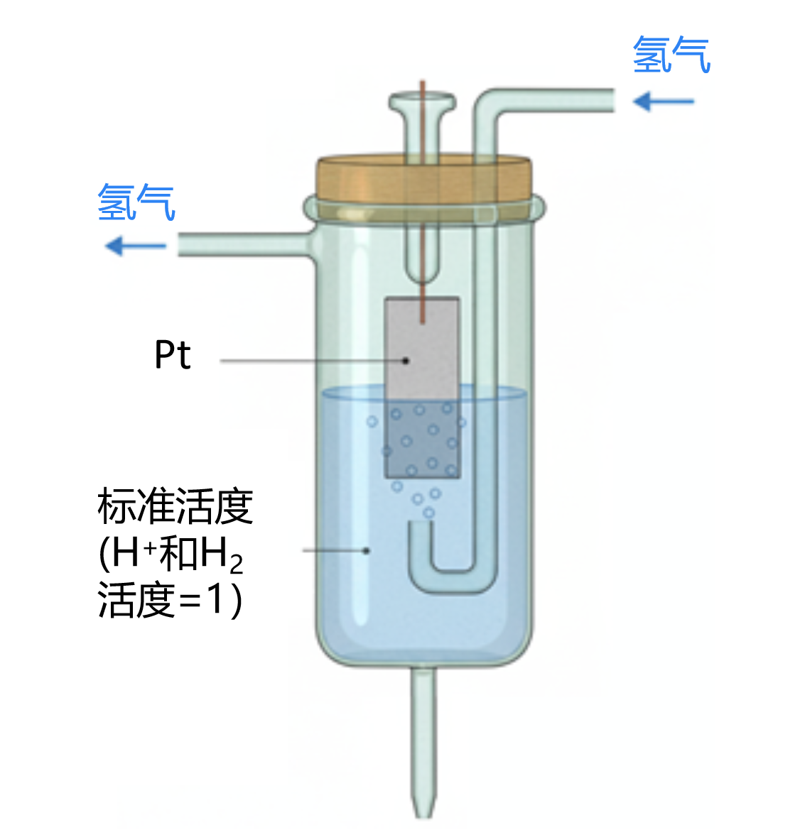 图1-2 标准氢电极（SHE）工作原理示意）;<br />&size(12,图1-2 标准氢电极(SHE)工作原理示意图。