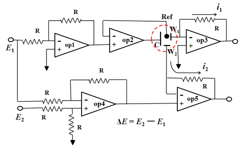 图2. 由5个运算放大器组成的双恒电位仪的电路图。